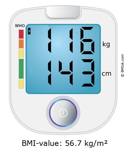 BMI 116 kg and 143 cm on the BMI calculator