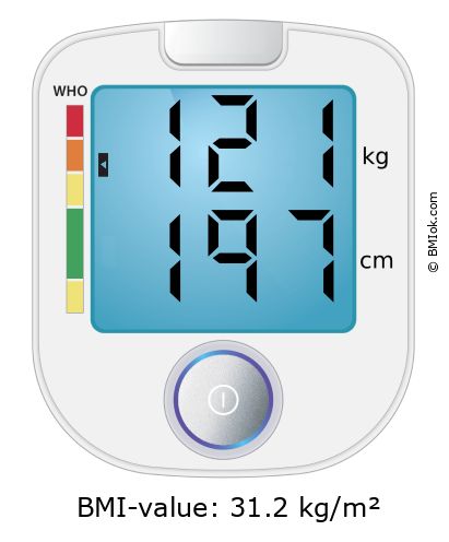 BMI 121 kg and 197 cm on the BMI calculator