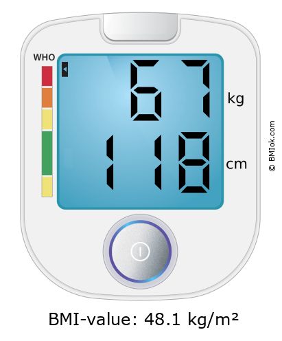 BMI 67 kg and 118 cm on the BMI calculator