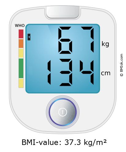 BMI 67 kg and 134 cm on the BMI calculator